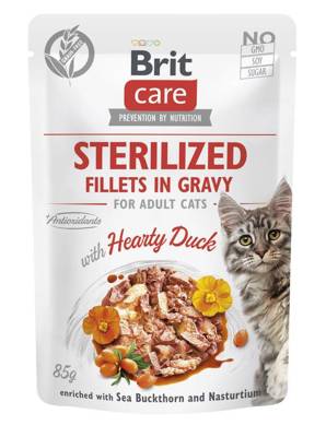 BRIT CARE Cat Sterilized Filetti al sugo con anatra, arricchiti con olivello spinoso e nasturzio 85 g