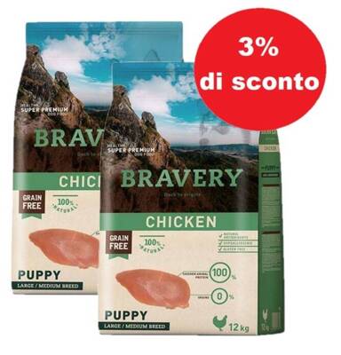 Bravery Grain Free Puppy Medium Large Chicken 2x12kg - 3% di sconto in un set