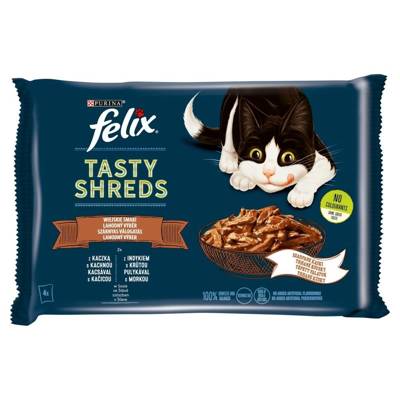 FELIX Tasty Shreds cibo umido per gatti con anatra e tacchino in salsa 4x80g