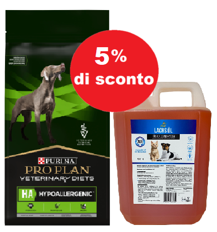 PURINA Pro Plan Veterinary Diets HA Hypoallergenic Dog 11kg + LAB V Olio di salmone 5l 